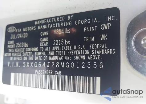 2021 Kia K5 Gt-Line from USA, damaged, VIN 5XXG64J28MG012356